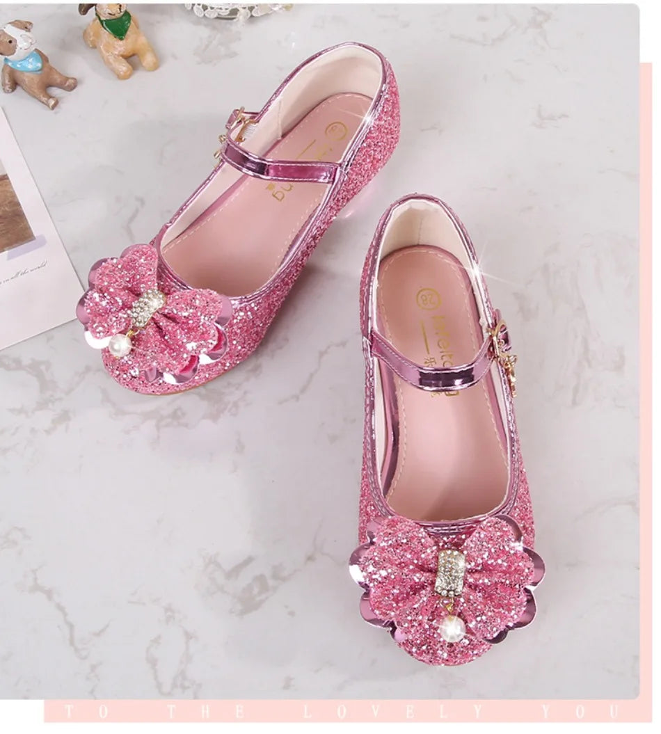 Classic Bow Girl Pu Leather Shoes For Girls Party Dance Children Shoes 3-14 Years Princess High Heels Child Wedding Shoes HSD09