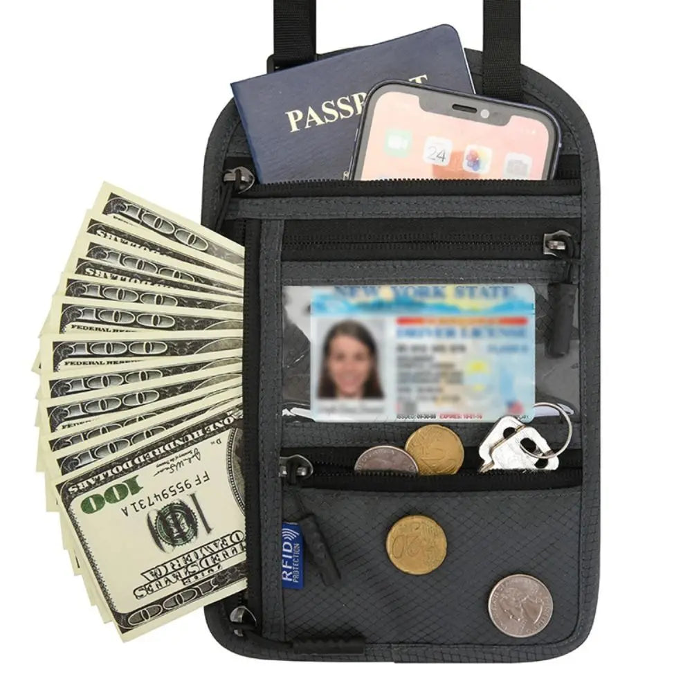 Anti-theft Security Stash Pouch Nylon RFID Blocking Passport Bag with Adjustable Neck Strap Waterproof Travel Neck Wallet