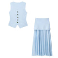 HH Women 2 Piece Set Fashion Button Sleeveless V-Neck Knitted Vest Top+Chic Splicing High Waist Zipper Ankle-Length Skirt