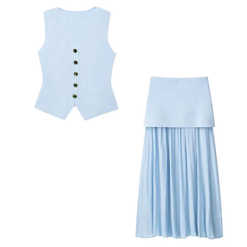 HH Women 2 Piece Set Fashion Button Sleeveless V-Neck Knitted Vest Top+Chic Splicing High Waist Zipper Ankle-Length Skirt