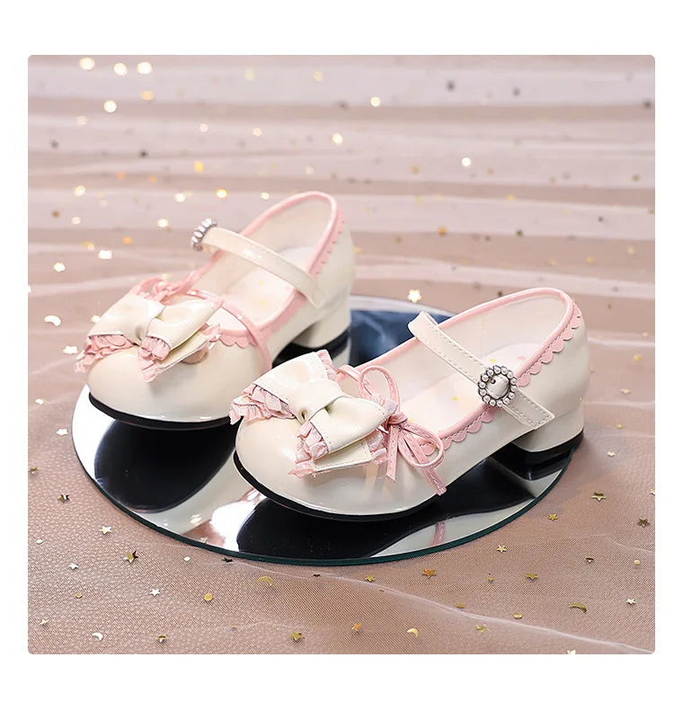 Girl Princess Shoes Spring 2026 New Bow French Heels Leather Shoe Sweet Lolita Party Dress Shoes Children's Mary Jane Size 26-36