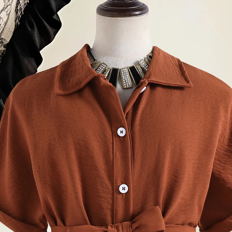 Girls 8-12 Casual Dress, Brown Lapel Short Sleeve Belted Ruched Bodycon Shirt Dress, Retro and Elegant for Daily Wear