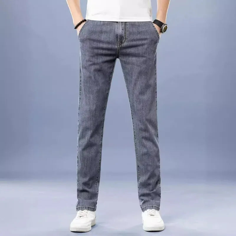 KIDWHXR Men Jean Trousers Slim Elastic Mid Waist Male Denim Pants Fashion Simple Casual Comfortable Man Straight-leg Pant