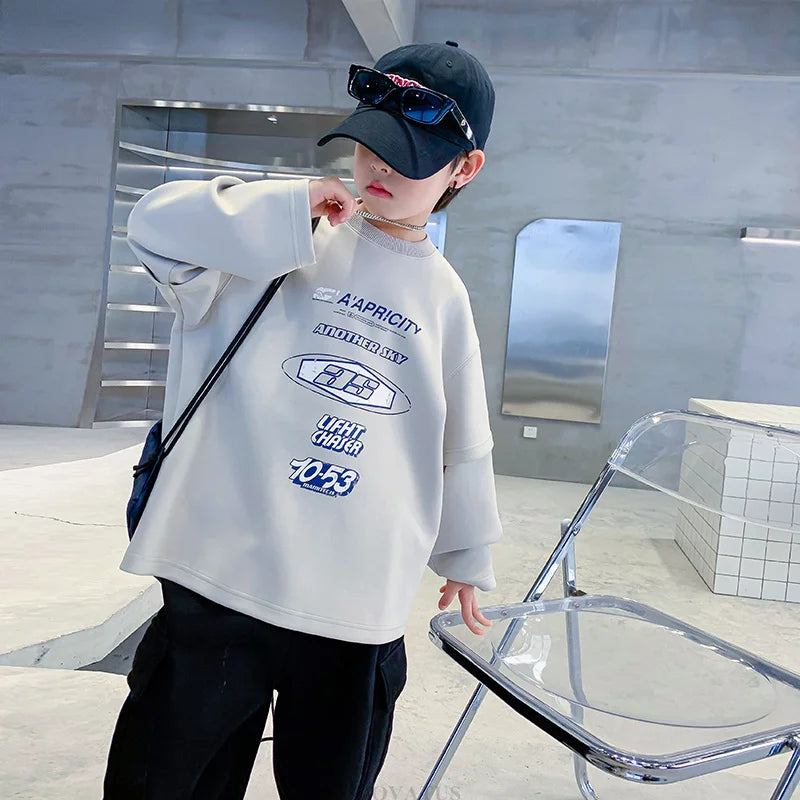 Teenage Kids Tshirts New Spring Fall Clothes Fashion Letter Fake Two Piece Sleeve Costume T-shirt Child Cotton Boy Tees Tops