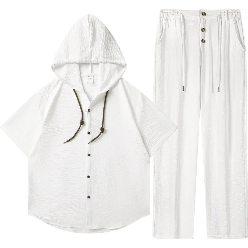 Men's Sport Casual Suit - Stylish and Handsome, with A Hooded, Pleated Short-sleeved Shirt and Loose-fitting Trousers.
