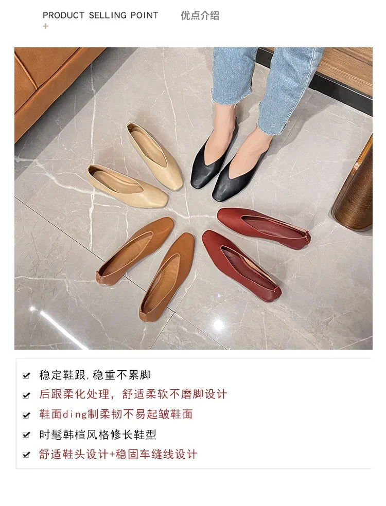Genuine Leather Multi-color Low-heeled women's Shoes  Round Toe Flat Bottom Shallow Cut Single Shoe Casual Versatile Loafers