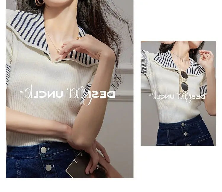 Women's T Shirts Polo Neck Shirt Top Short Sleeve Tee Clothes White Striped Cute Offer Premium With Collar Polyester Sale