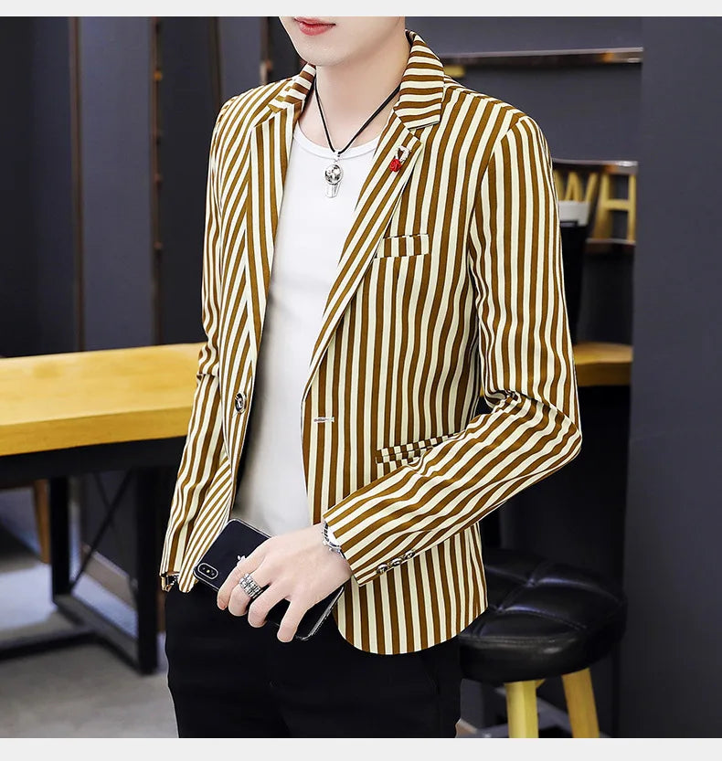 Mens Blazer Jacket 2022 New Suit Male Casual Korean Style Trendy Slim Striped Student Small Suit Jacket Hair Stylist Single Top