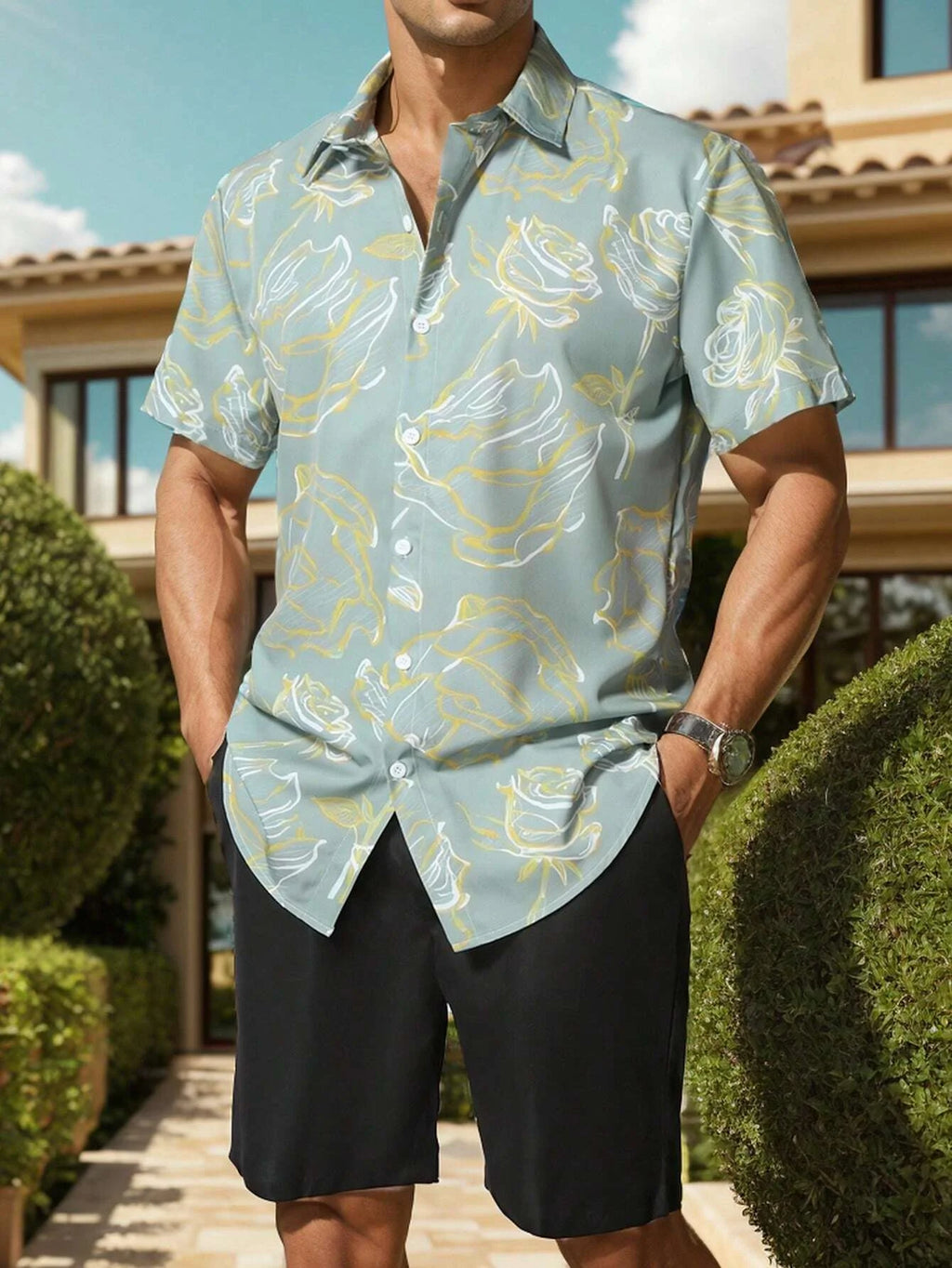 Men's Tropical Floral Hawaiian Shirt Short Sleeve Button Down with Vivid Hibiscus and Palm Leaves Print Summer Casual Beach Wear