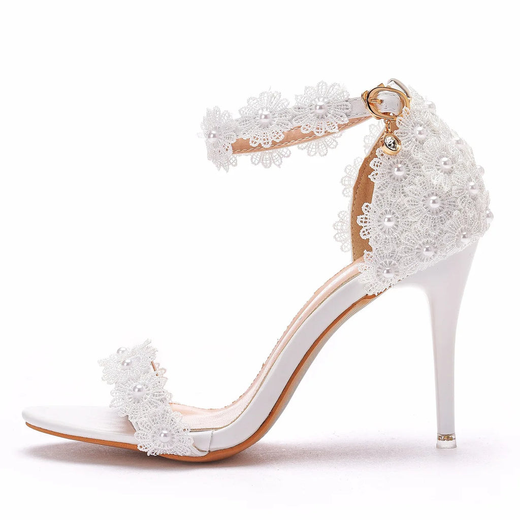 Women Shoes 9cm High Heel Sandals Summer Open toe Thin High Heels Luxury Lace Pearl Flower Wedding Shoes Bride Dress Pumps 34-43