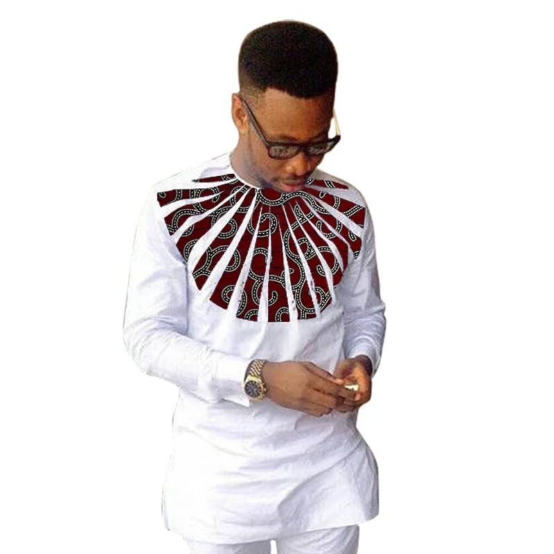 Nigerian Fashion White Men's Shirts O-Neck Modern Design Sector Patchwork Tops Customized African Wedding Party Wear