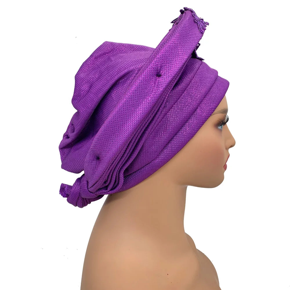 Elegant African Autogele Women's Turban Cap Nigeria Wedding Gele Ready to Wear Headtie with Embroidery Lace Party Headwear