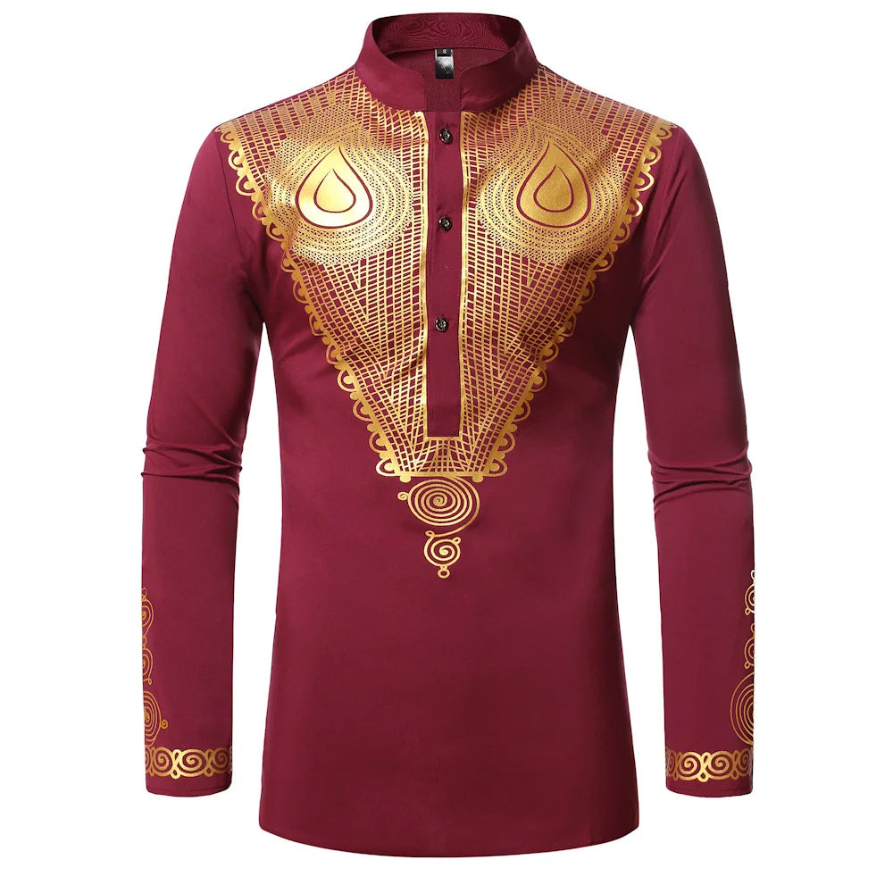 Men's African Style Ethnic Shirt Traditional Tribal Printed Stand Collar Robe Turkish Long Sleeve Dashiki Tops