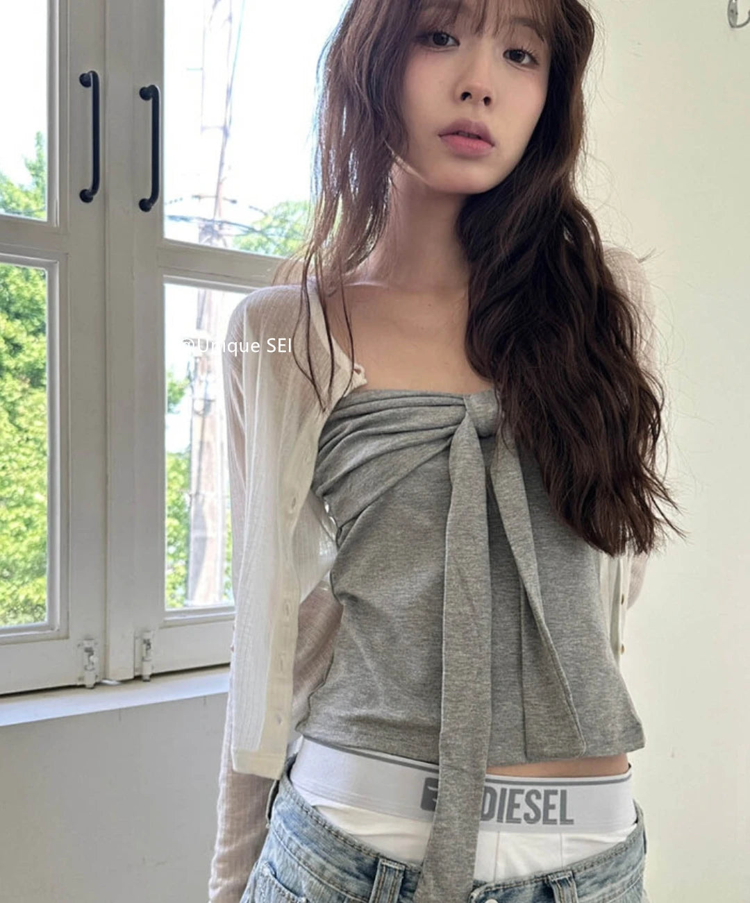 Summer Spicy Girl  Knot Tie Neck Vest Top Washed Denim Blue Women's Fashion Straight Cut Outerwear Short Length