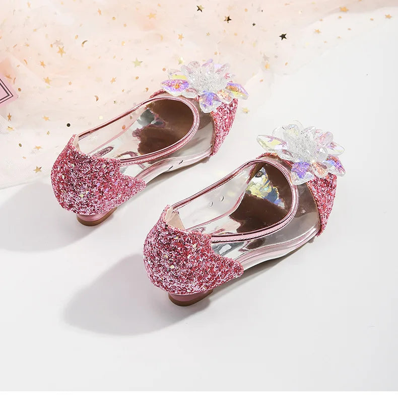 Pink Blue Princess Dance Shoes for Girls Low Heels for Kids Birthday Party Glitter Crystal Diamond Shoe Child Gown Leather Shoes