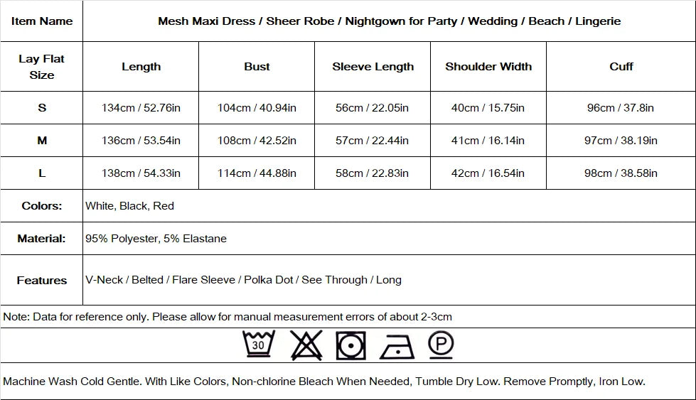 Summer Women Sexy Mesh Maxi Dress V-Neck Belted Polka Dot Sheer Robe Flare Sleeve Party Wedding Nightgown Beach Cover Up Vestido