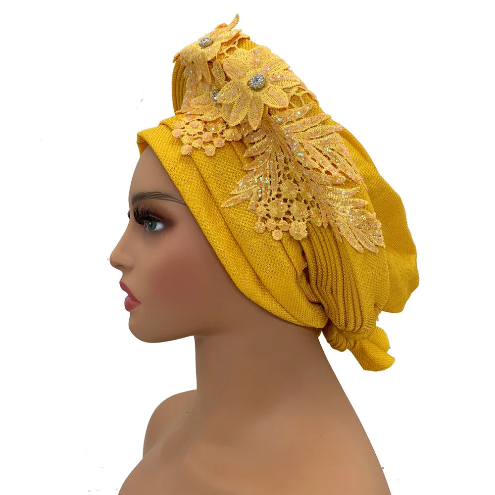Elegant African Autogele Women's Turban Cap Nigeria Wedding Gele Ready to Wear Headtie with Embroidery Lace Party Headwear