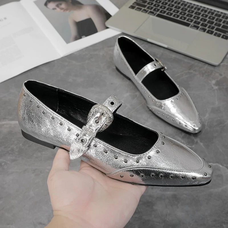 Women's Dance Shoes, Lightweight Punk Rivet Mary Jane Flats, Metallic Pointed Toe Casual Shoes for Festival,Party and Streetwear