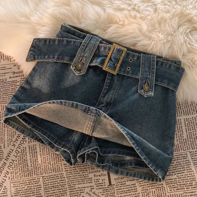 Skirts Female Casual Ball Gown Korean Slim A Line Skirts New Vintage Women Denim Mini Skirts Summer Solid Belt Sexy Jeans
