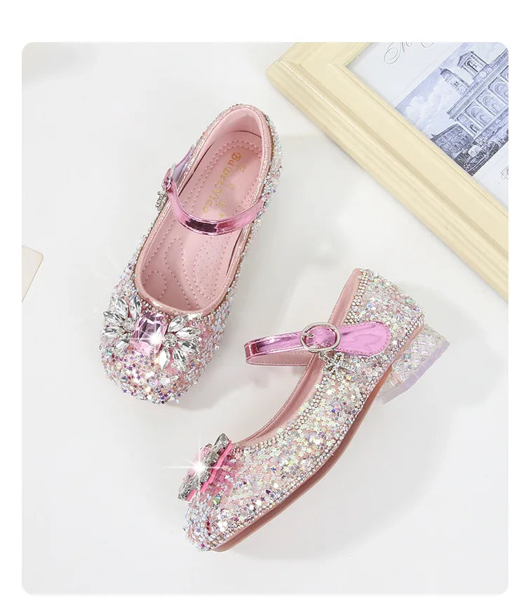 Girls Leather Shoes Fashion Flat Child New Sequin Flash Single Shoes Little Kids Crystal Princess Footwear Wedding Party Shoes