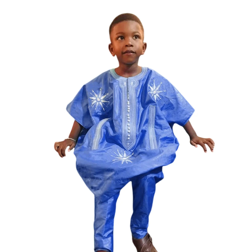 H&D New African Tradition Clothes For Kids Boys Blue Long Sleeve Tops Embroidery Dashiki Robe Shirt Pant Child Set 2024