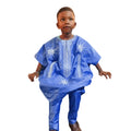 H&D New African Tradition Clothes For Kids Boys Blue Long Sleeve Tops Embroidery Dashiki Robe Shirt Pant Child Set 2024
