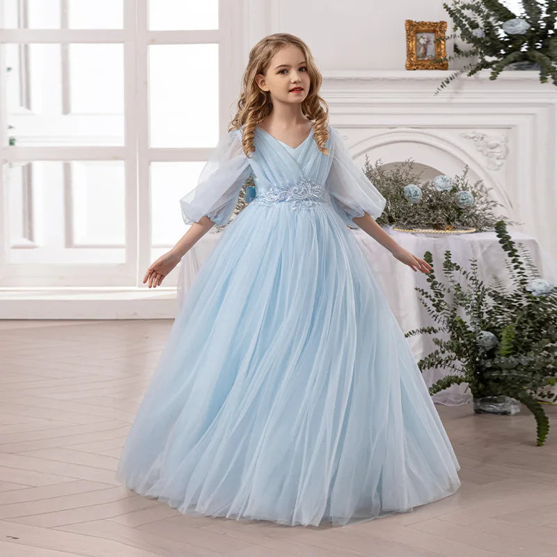 Teenage Girls Christmas Party Dresses For Children V Back Big Bow Tulle Long Dress For Kids Birthday Party Wedding Pageant Gown