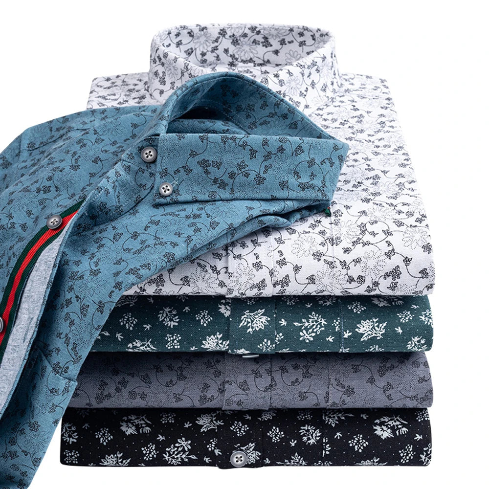 Men's Stylish Floral Print Button-Up Collar Dress Shirt with Stripe Placket, Holiday Style 100% Cotton Long Sleeve Oxford Shirts