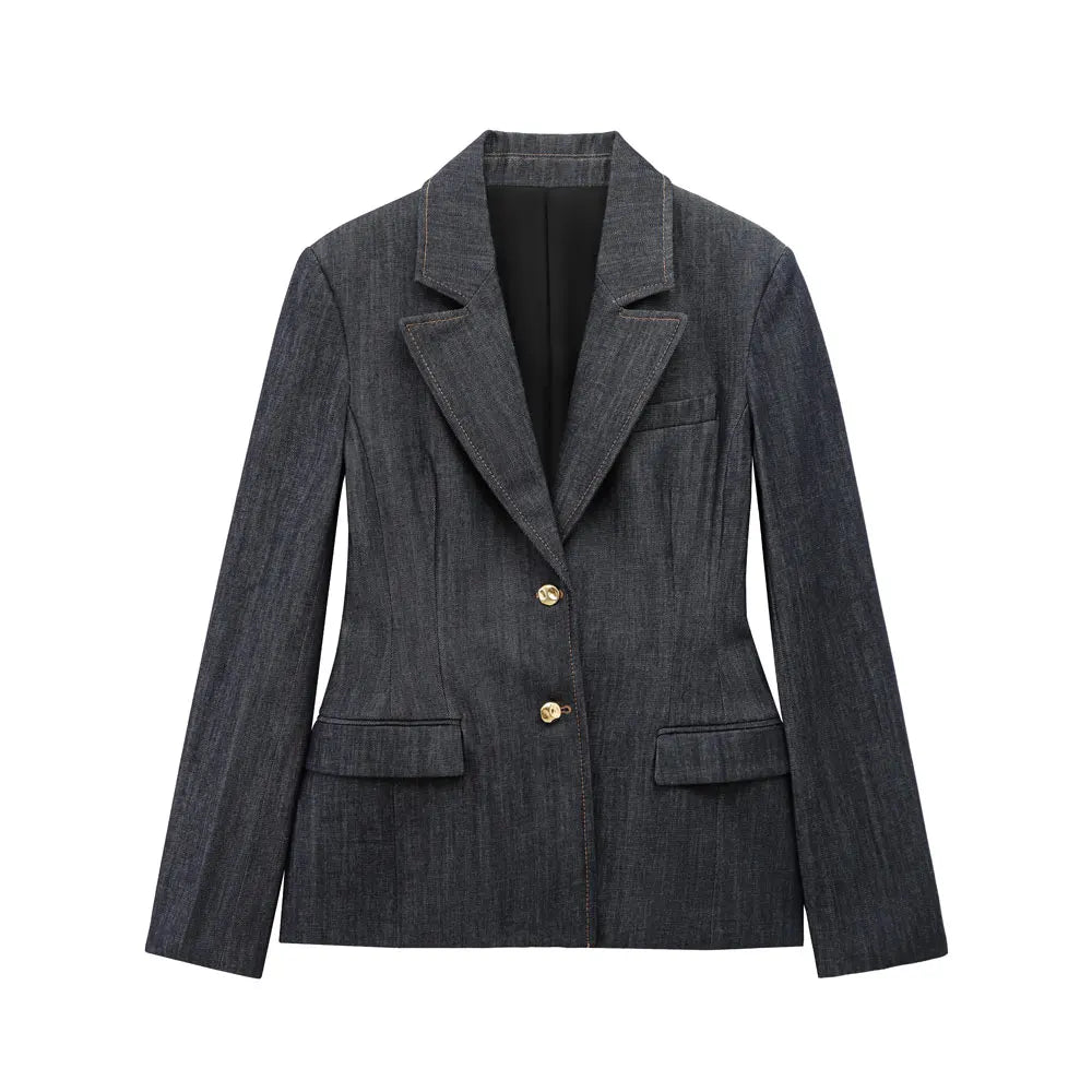 HH Women Denim Blazer Coat Single Breasted Long Sleeve Lapel Suit Jacket With Pockets Female 2025 Spring New Fashion Outwear
