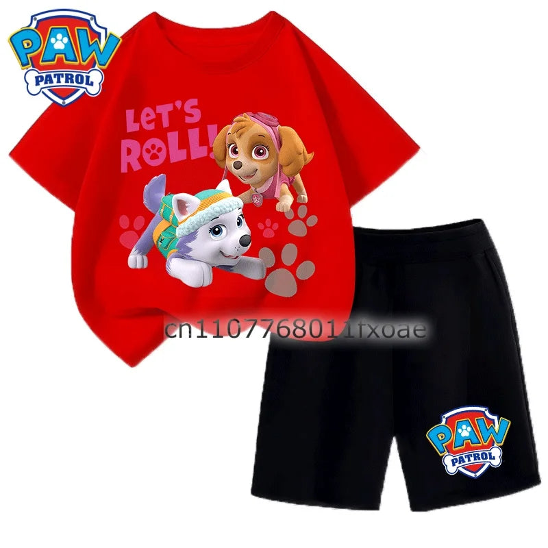 Summer Beach Wear For Kids PAW Patrol Boys Two Piece Outfits Short Sleeve Tops Shorts Children Casual Clothing Sets