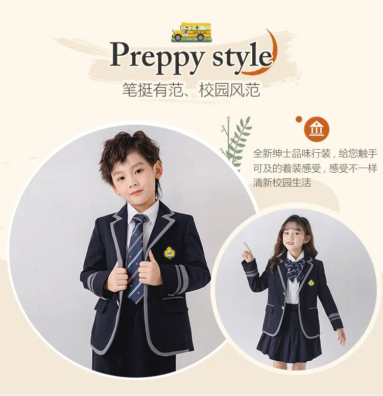 Child School Uniform Girls Korean Japanese Navy Jacket Pleated Skirt Boys Formal Dress Suits Kids Student Clothes Class Sets