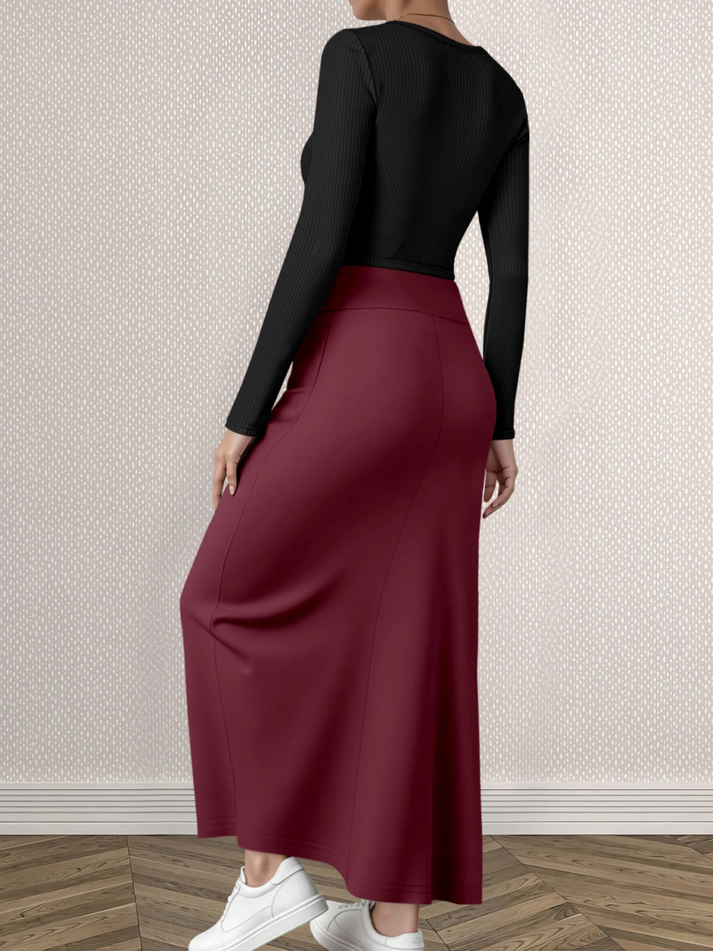 Mature Style Women 2Pcs Outfit, Ribbed Square Neck Crop Top + High Waist Draped A-Line Maxi Skirt
