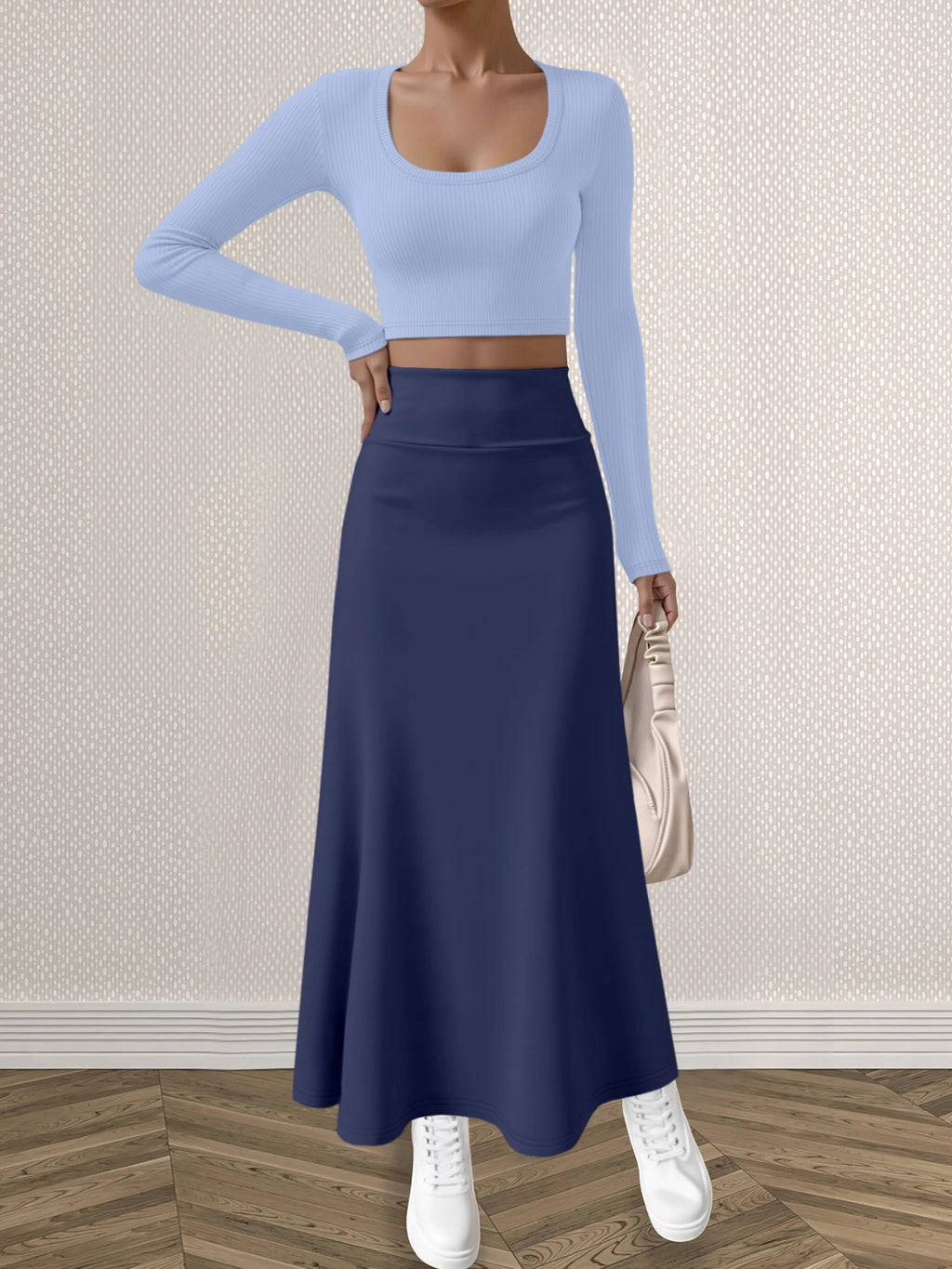 Mature Style Women 2Pcs Outfit, Ribbed Square Neck Crop Top + High Waist Draped A-Line Maxi Skirt