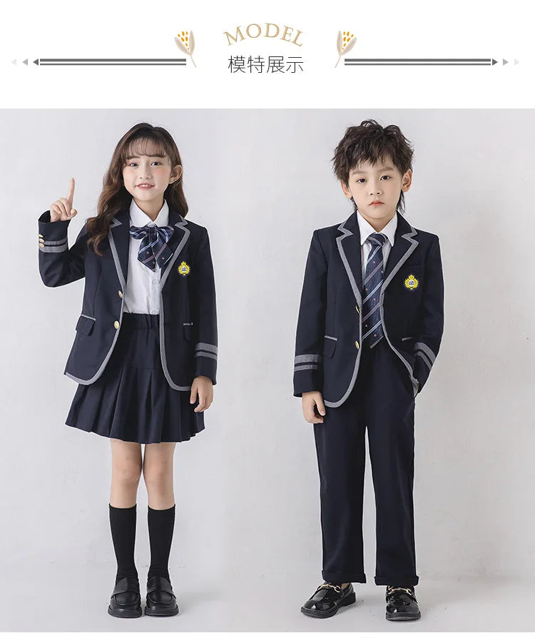 Child School Uniform Girls Korean Japanese Navy Jacket Pleated Skirt Boys Formal Dress Suits Kids Student Clothes Class Sets