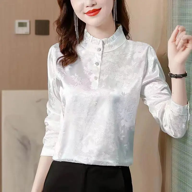 Premium Satin Blouse Women Spring Age-Reducing Print Loose Long Sleeve Top Fashion Elegant Collar Shirt