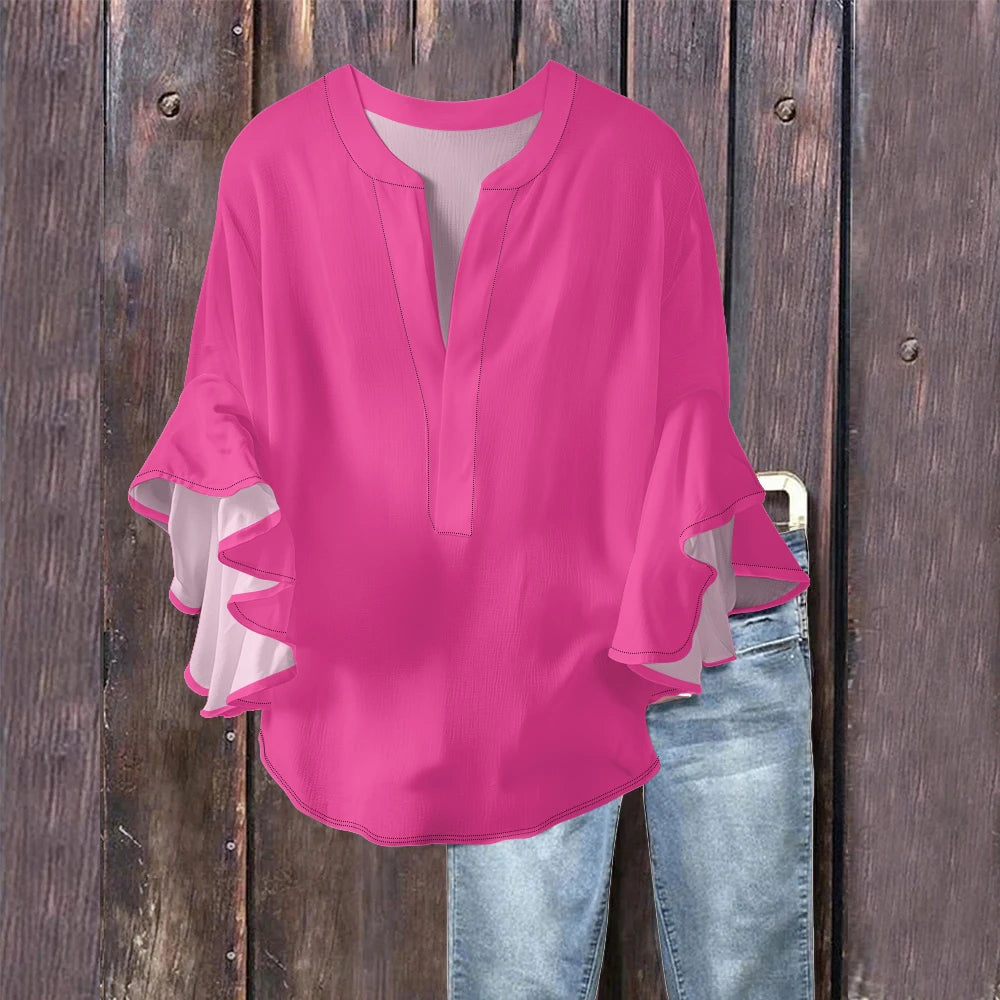 Women's Pure Color Blouse Navy Blue & White Bubble Crepe Shirt with V-Neck and Ruffled Flounce Sleeves, Chic Modern Casual Top