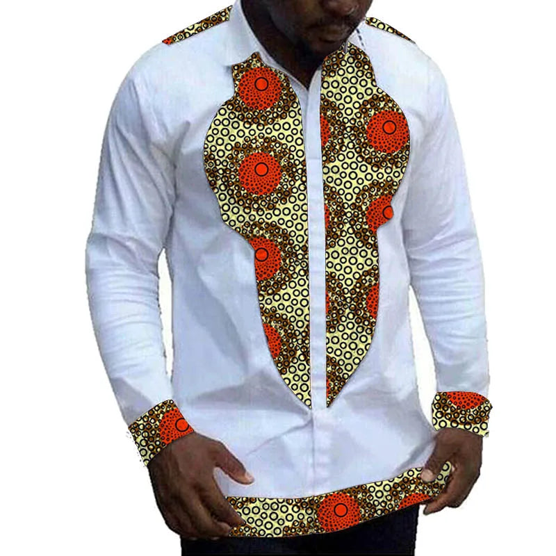 Nigerian Fashion White Men's Shirts Modern Design Casual Shirt Patchwork Long Sleeved Lapel Top African Couture Party Wear