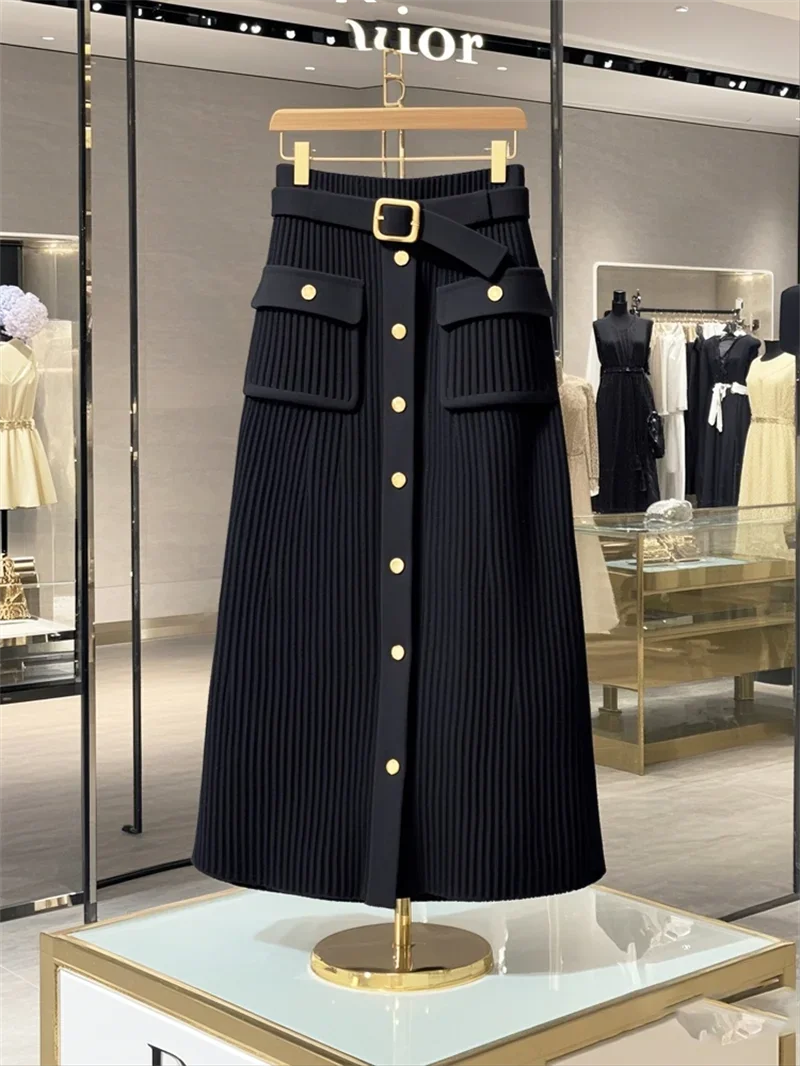 Elegant Office Lady High Waist Wrapped Knitted Skirts Autumn New Fashion Single Breasted Slim Temperam Wool Midi Skirt
