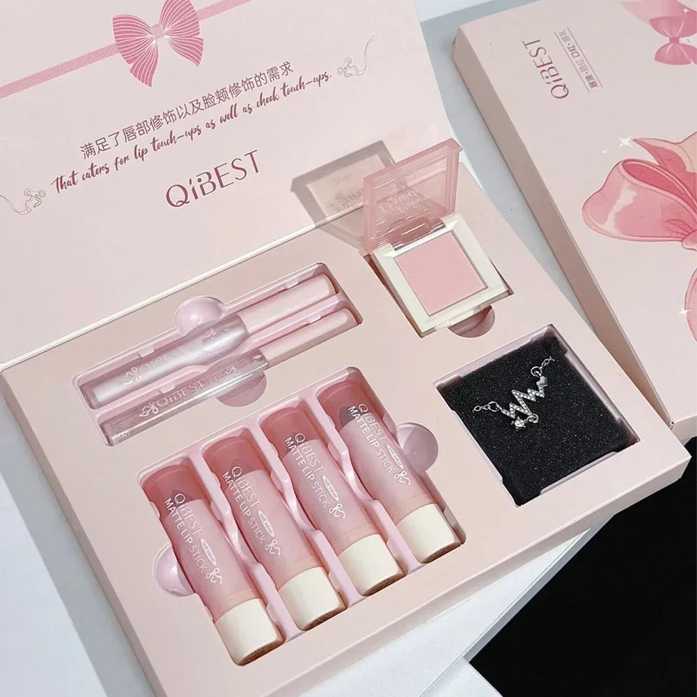 8Pcs Makeup Set Include 4pcs Velvet Nude Matte Liquid Lipstick And 1pc Face Blush Palette With Necklace Gift Cosmetics