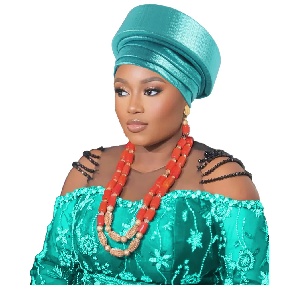 Already Made African Headtie Turban Cap Nigeria Party Headgear Female Head Wraps Pleated Auto Gele Cap Headpiece 2025