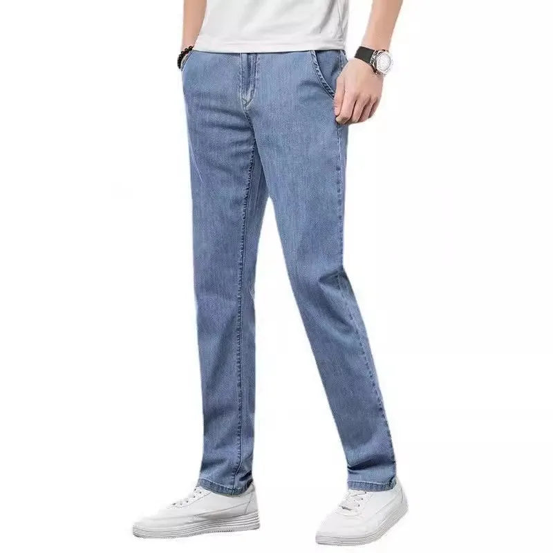 KIDWHXR Men Jean Trousers Slim Elastic Mid Waist Male Denim Pants Fashion Simple Casual Comfortable Man Straight-leg Pant