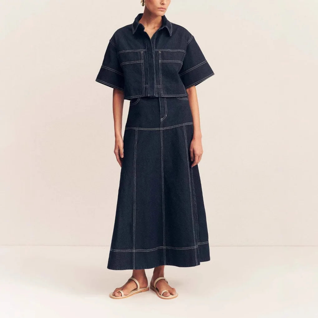 Skirt Suit Women Denim Shirt Long Skirts 2 Piece Sets Washed Vintage Ensemble Single Breasted Overshirt Top Summer Outfits