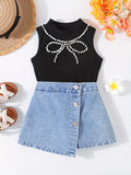 Girls' two-piece summer small round neck sleeveless pearl decoration top paired with denim shorts, fashionable and simple