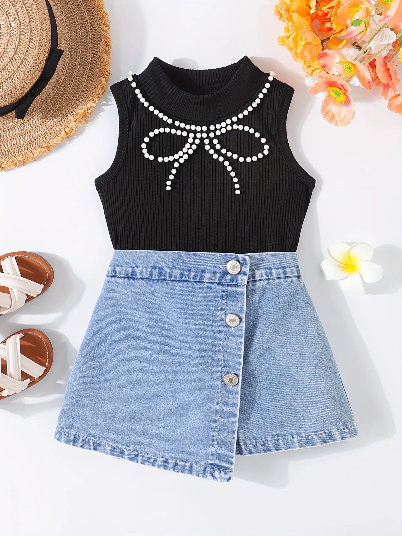 Girls' two-piece summer small round neck sleeveless pearl decoration top paired with denim shorts, fashionable and simple