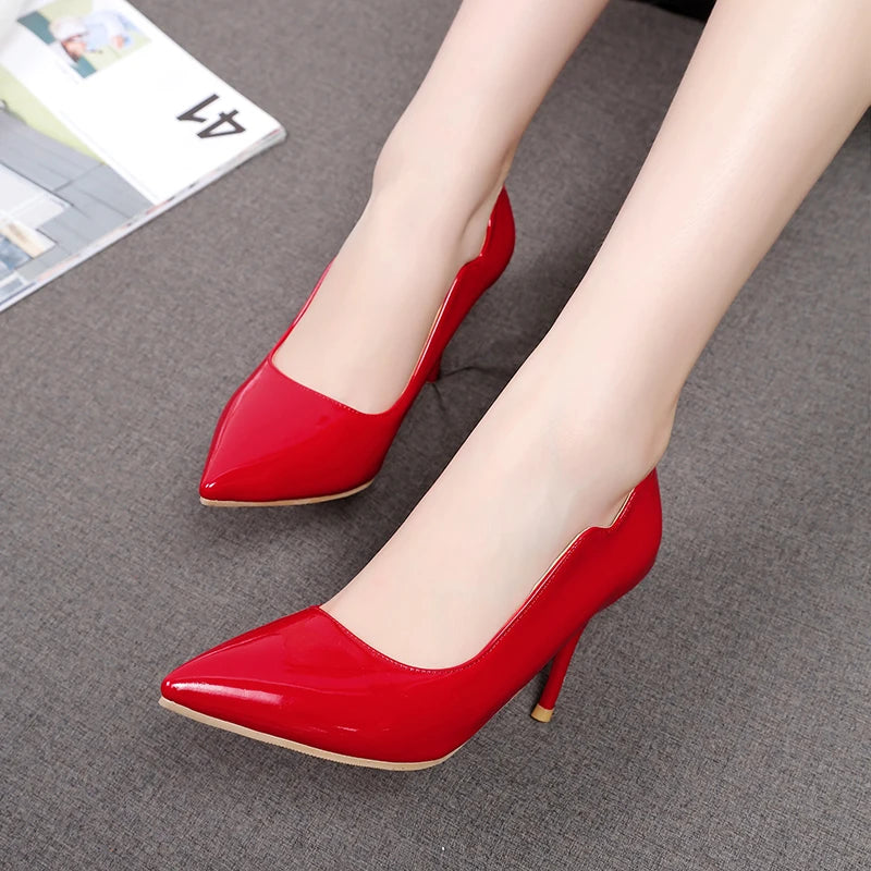 Nude High-Heeled Shoes for Women, Thin Heels, Pointed Toes, Small Size 30, 2024 New Style for Ladies, Elegant Spring and Autumn White Sexy Patent Leather Professional Black Women's Single Shoes, European and American Extra La