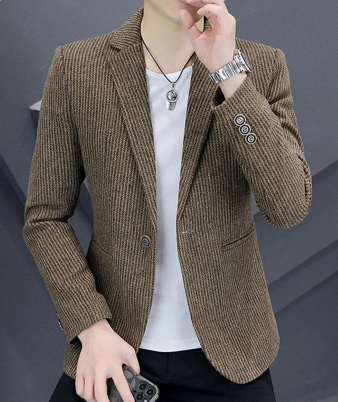 Thin Men's Suit Jackets Single Breasted Male Blazer Coat Brown Slim Fit High Quality Elegant Simple Classic Menswear Clothing