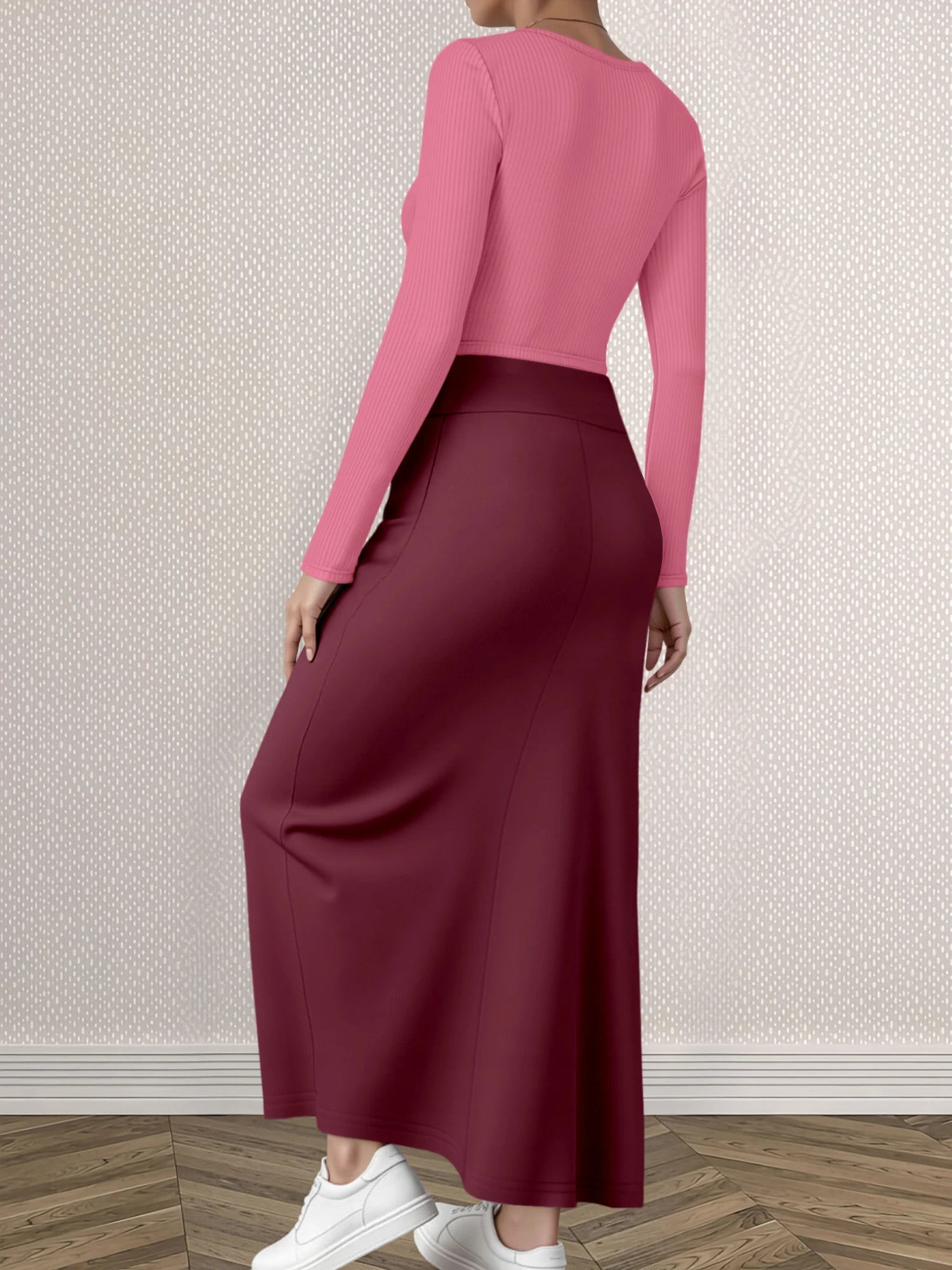 Mature Style Women 2Pcs Outfit, Ribbed Square Neck Crop Top + High Waist Draped A-Line Maxi Skirt
