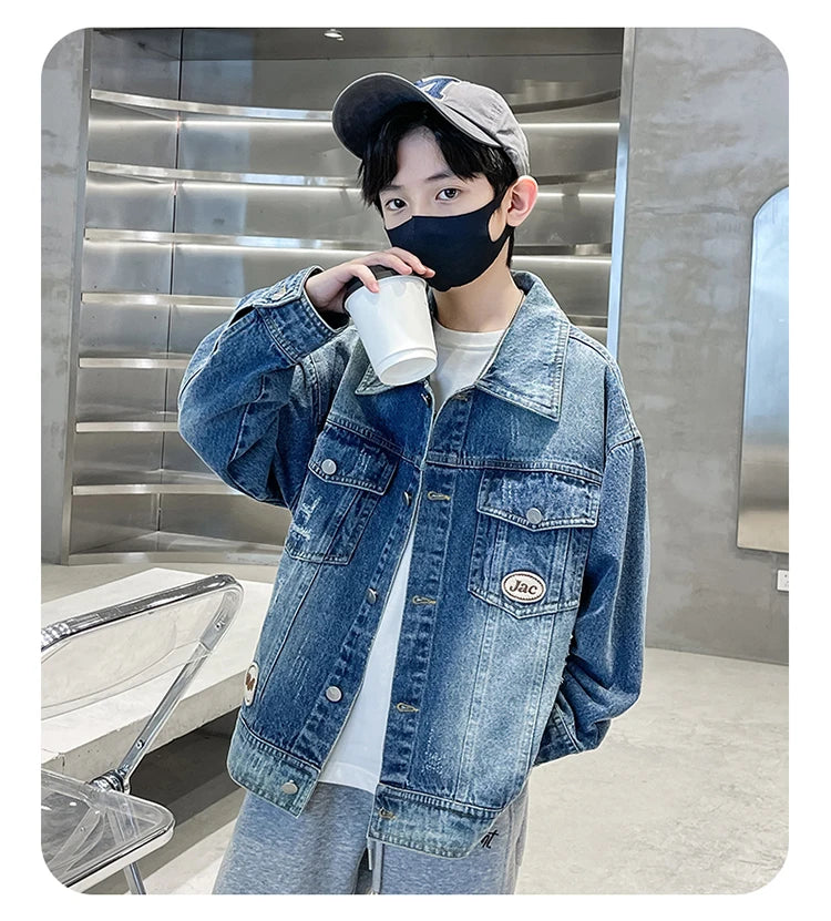 Kids Luxury Clothing Black Blue Denim Jacket for Teenage Boy Spring Autumn Ripped Denim Jacket Coat Child Casual Outfit Age 5-14