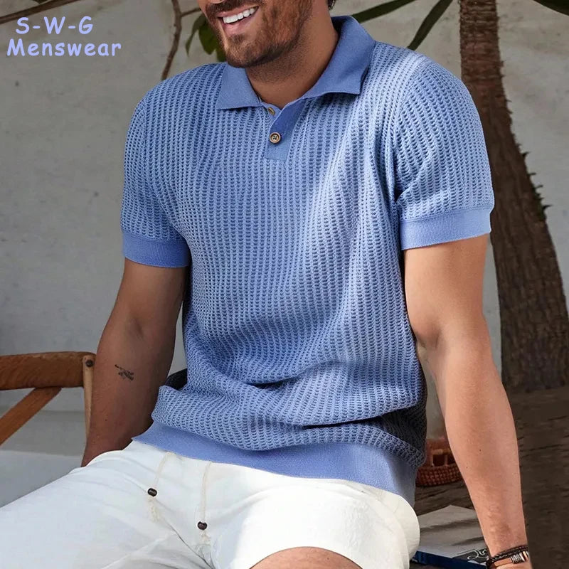 Mens Knit Shirts Short Sleeve Men's Textured Knit Polo Shirt Summer Short Sleeve Vacation Button Beach Knit Stretchy Golf Shirts