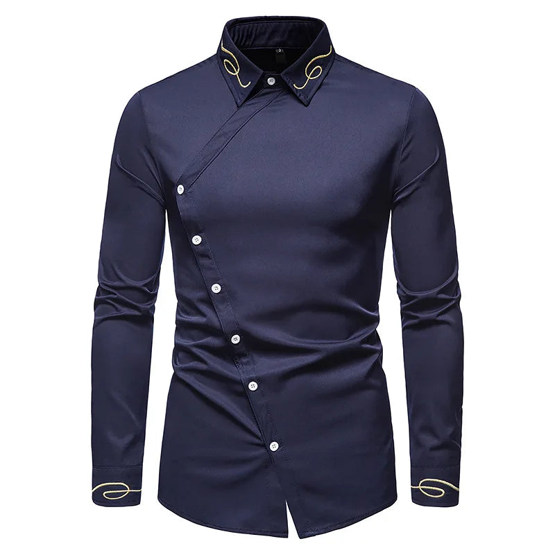 Men's Irregular Oblique Button Up Dress Shirts Streetwear Luxury Elegant Embroidery Business Shirt Chemise Homme Mens Blouses